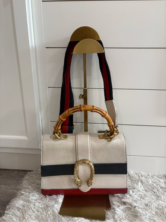 Gucci Handbags - Gucci white leather Dionysus bamboo top handle bag with navy blue and red strap